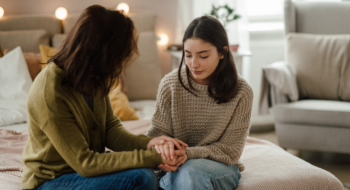 Teenage girl sharing problems with her mother in the room.